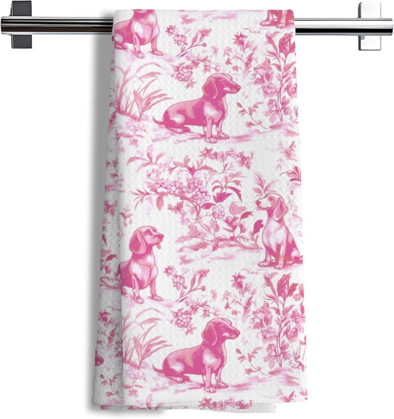 Nipil Nipi Pink Chinoiserie Dachshund Kitchen Towels, Pink Floral Botanical Dachshund Decorative Dish Tea Towels, Grandmillennial Weiner Dog Hand Towels for Kitchen Bathroom, 16x24 Inch - Image 1